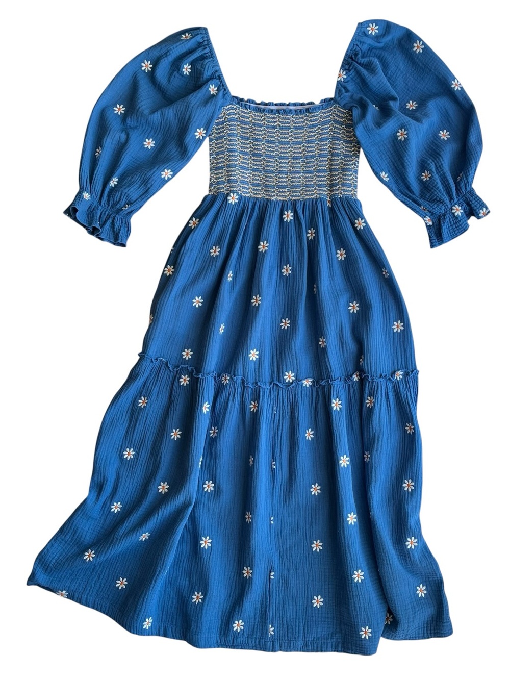 Woman’s Blue Embroidered Daisy Dress Cotton Gauze Medium Smocked Cottage Core